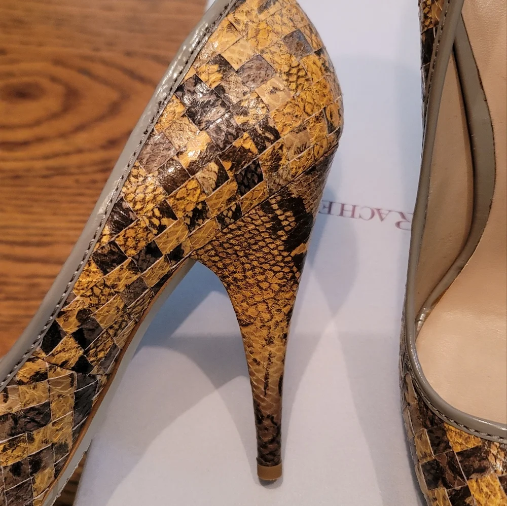 NWT Rachel Roy Snakeskin Mustard Yellow Gold Gray Taupe Tan Beige Peep Toe Heels - Picture 5 of 10